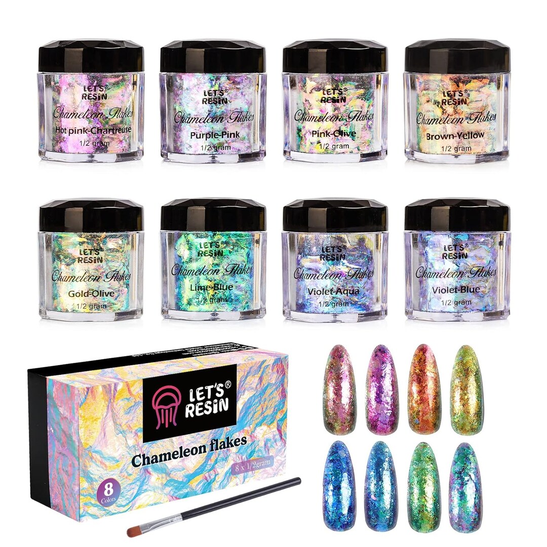 LET'S RESIN Chameleon Chunky Flakes, Resin Supplies-8 Color Intense Colorshift Pigment Powder For Resin Crafts/Tumblers, Chrome Powder Iridescent Eyeshadow Flakes For Nail Art/Paints/Soap Making